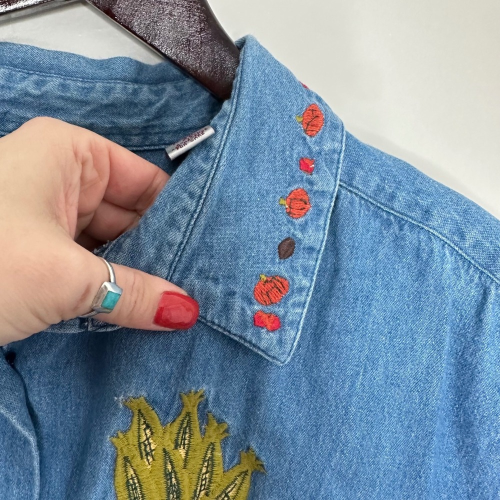 Karen Scott II Women's Denim Shirt‎ Fall Cats Pumpkins Corn Embroidery 2X - Picture 7 of 9